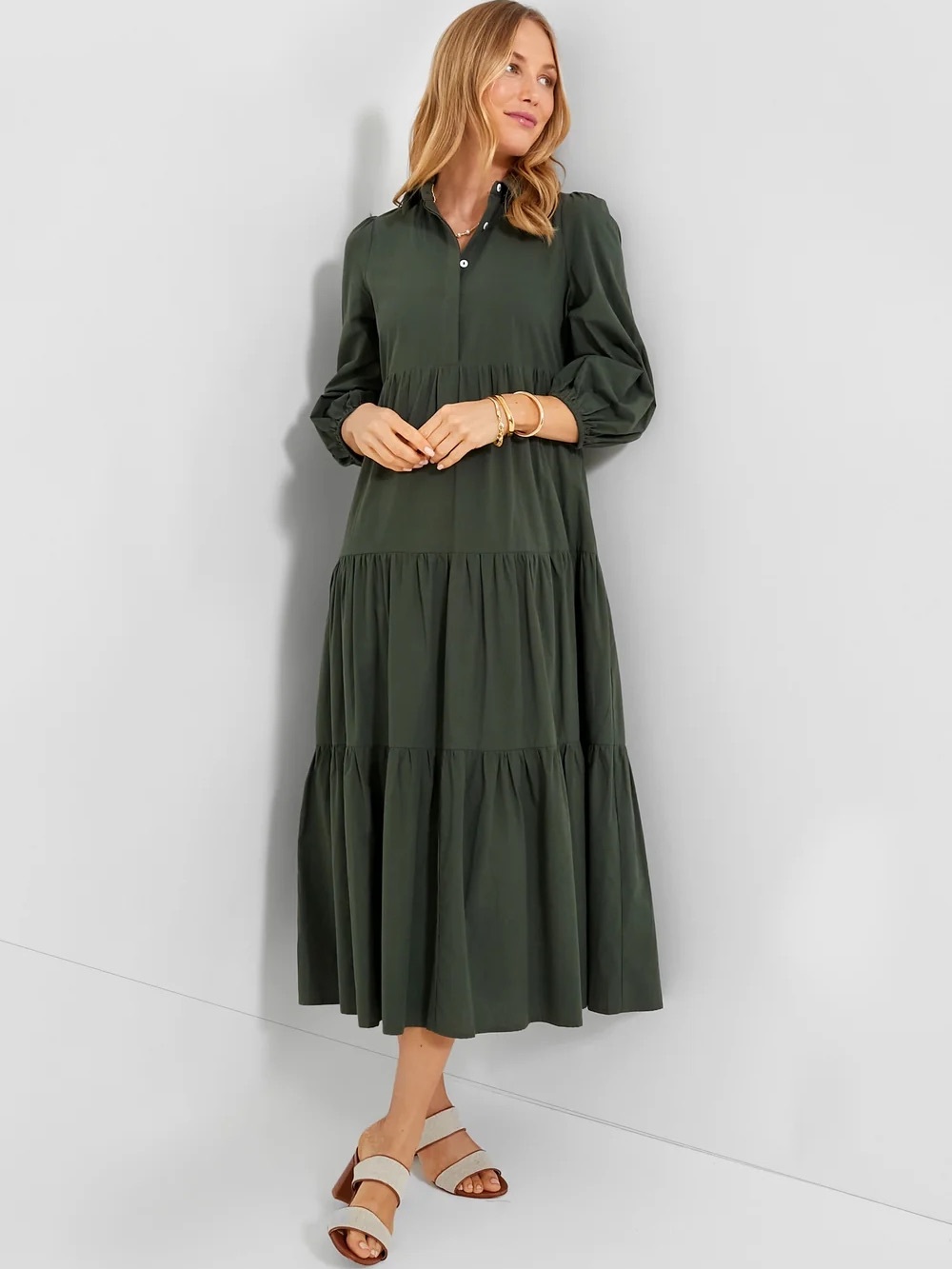 Pomander Place Tiered Midi Shirt Dress in Sedona Sage - Picture 2 of 8